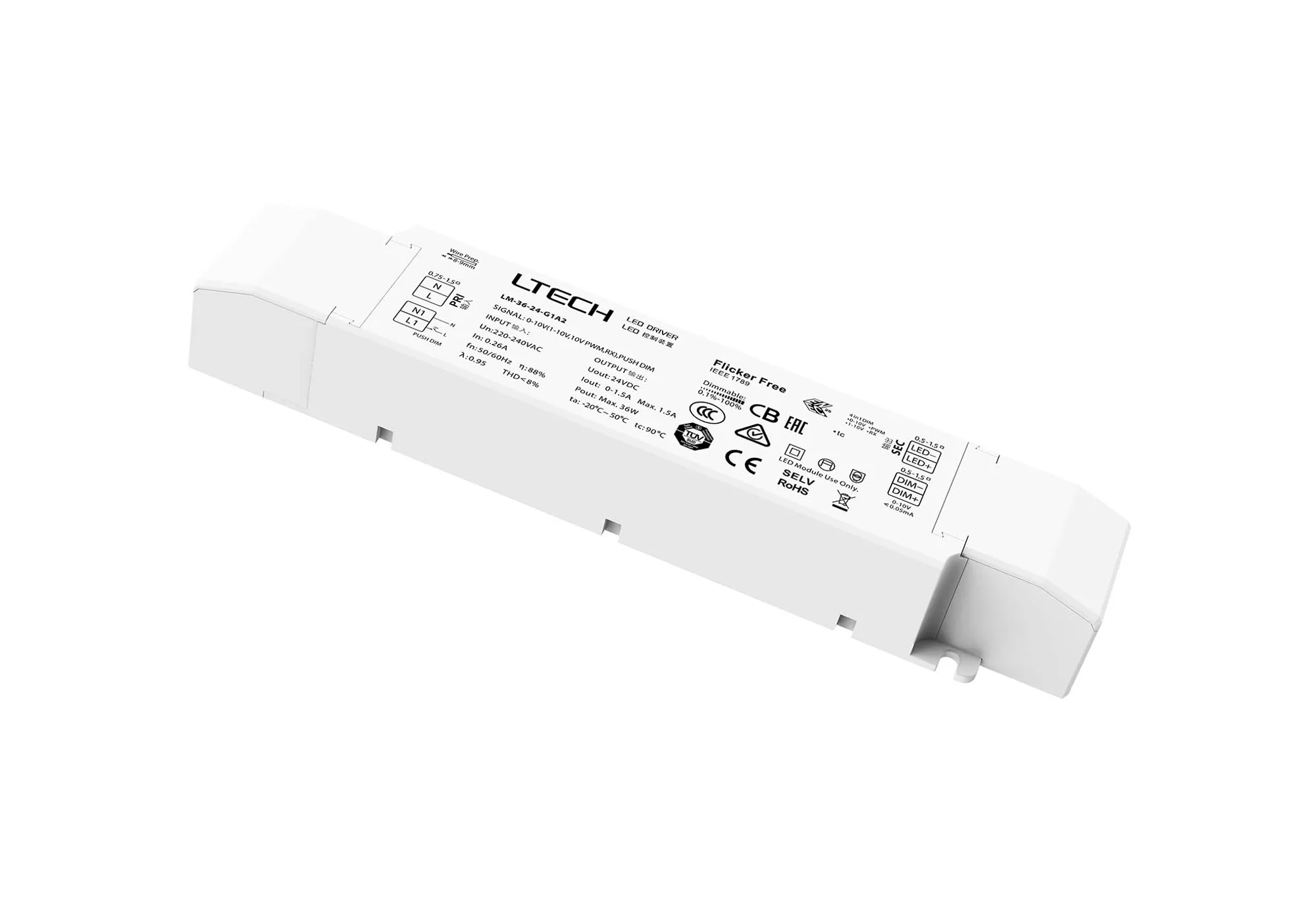 LM-36-24-G1A2  0-10V/1-10V/10V PWM/RX/Push DIM, 0-100% Dim, CV 36W, 24Vdc 1.5A, 200-240Vac, IP20, 5yrs Warranty.